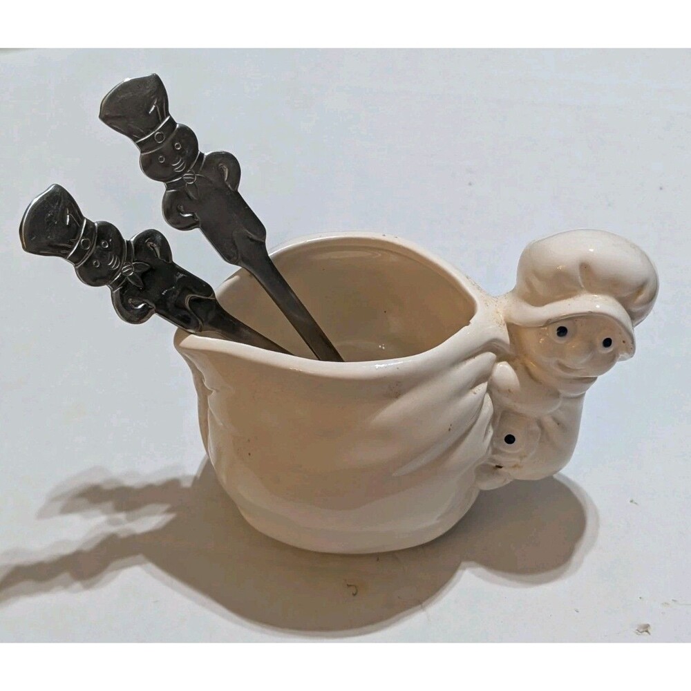 Vintage 1988 Pillsbury Doughboy Ceramic Sugar Bowl Pot W/ 2 Oneida Spoons